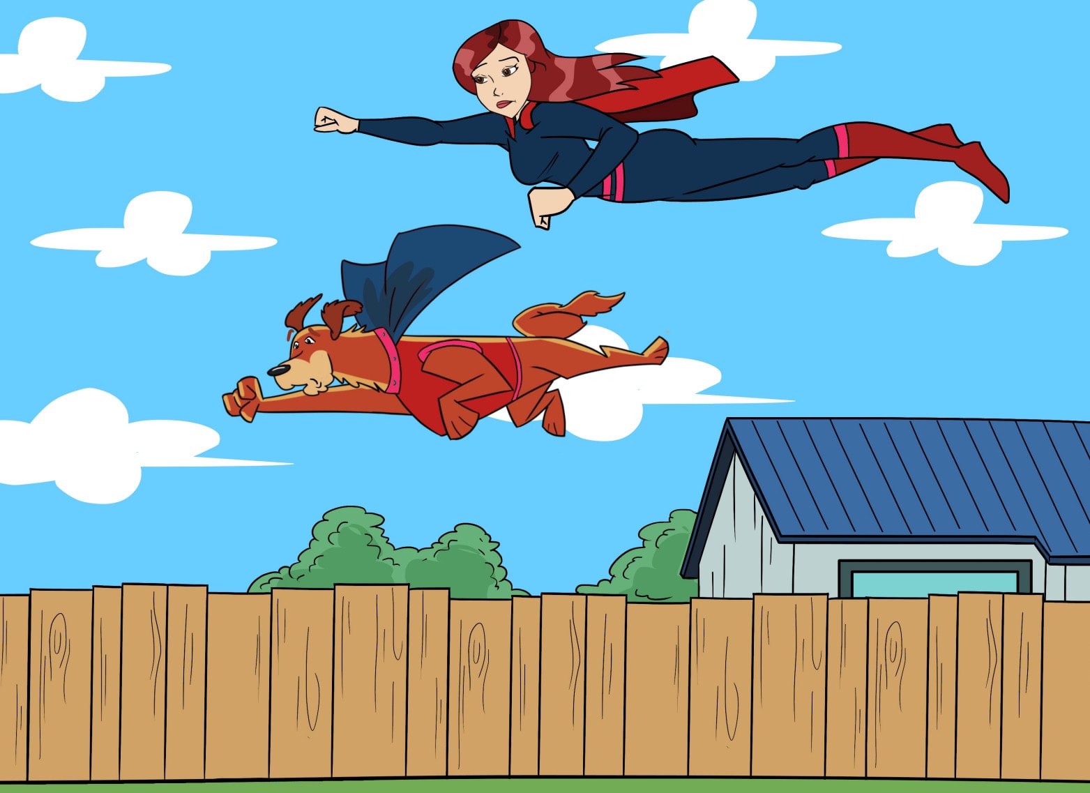 Superhero woman and her caped dog flying over the fence