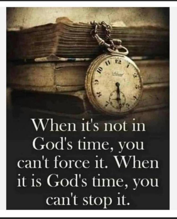 When it's not in God's time, you can't force it. When it is God's time, you can't stop it.