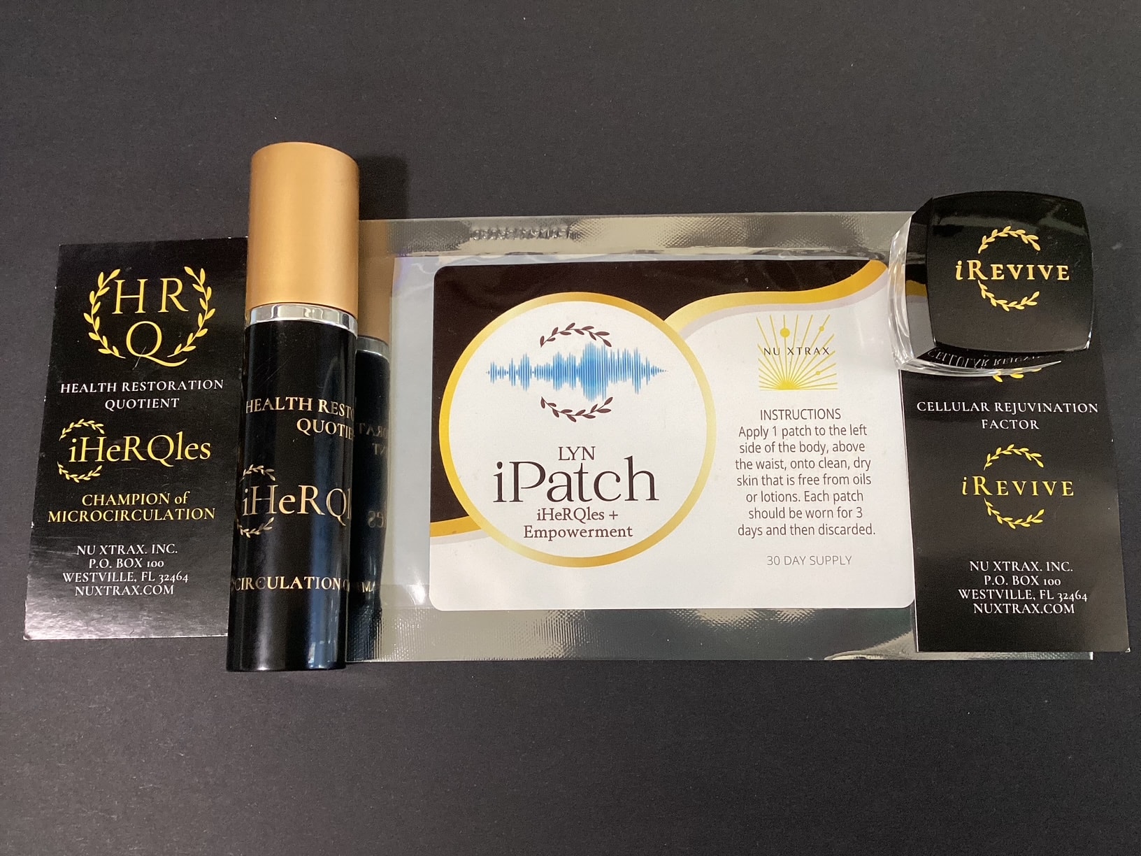 Nu Xtrax quantum products — iHeRQles, LYN iPatch, and iRevive
